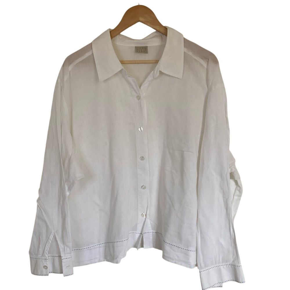 Sigrid Olson Womens Long Sleeve Short Button Front Shirt White 3X Sheer Classic